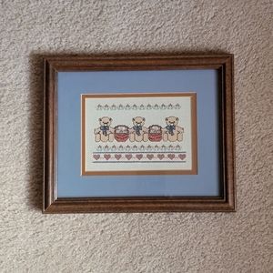 CROSS STITCH ♡ Double Matted 'n Framed Art Cross Stitched Teddy Bear 'n ❤️'s
